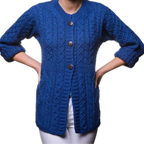 Carraigdonn Made in Ireland 100% Merino Wool‎ Royal Blue Cable Knit Cardigan - L - Picture 2 of 10